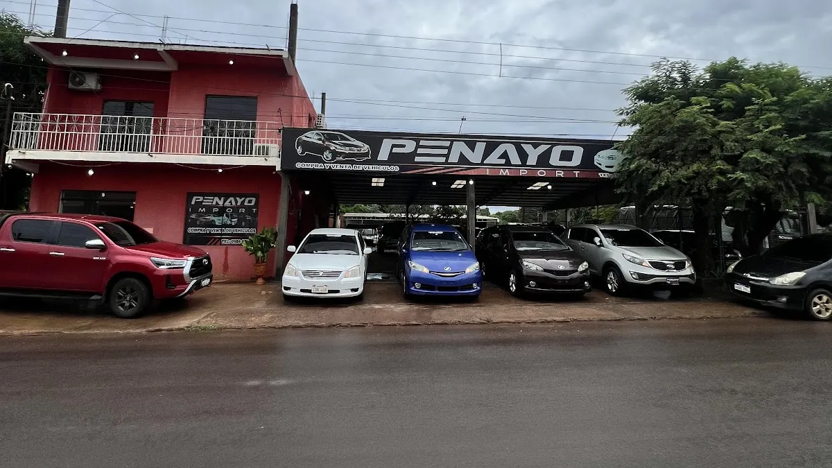 Frente del predio de Penayo Import en San Juan Nepomuceno, con el tinglado, el cartel y los autos